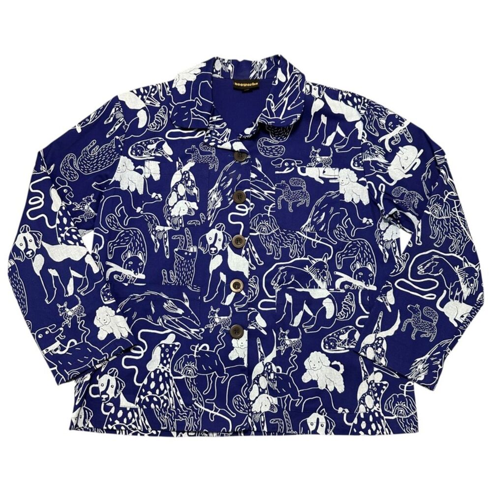 Nooworks Blue Cotton Blend Rare Fun Dogs Print Chore Coat Made in USA, Large